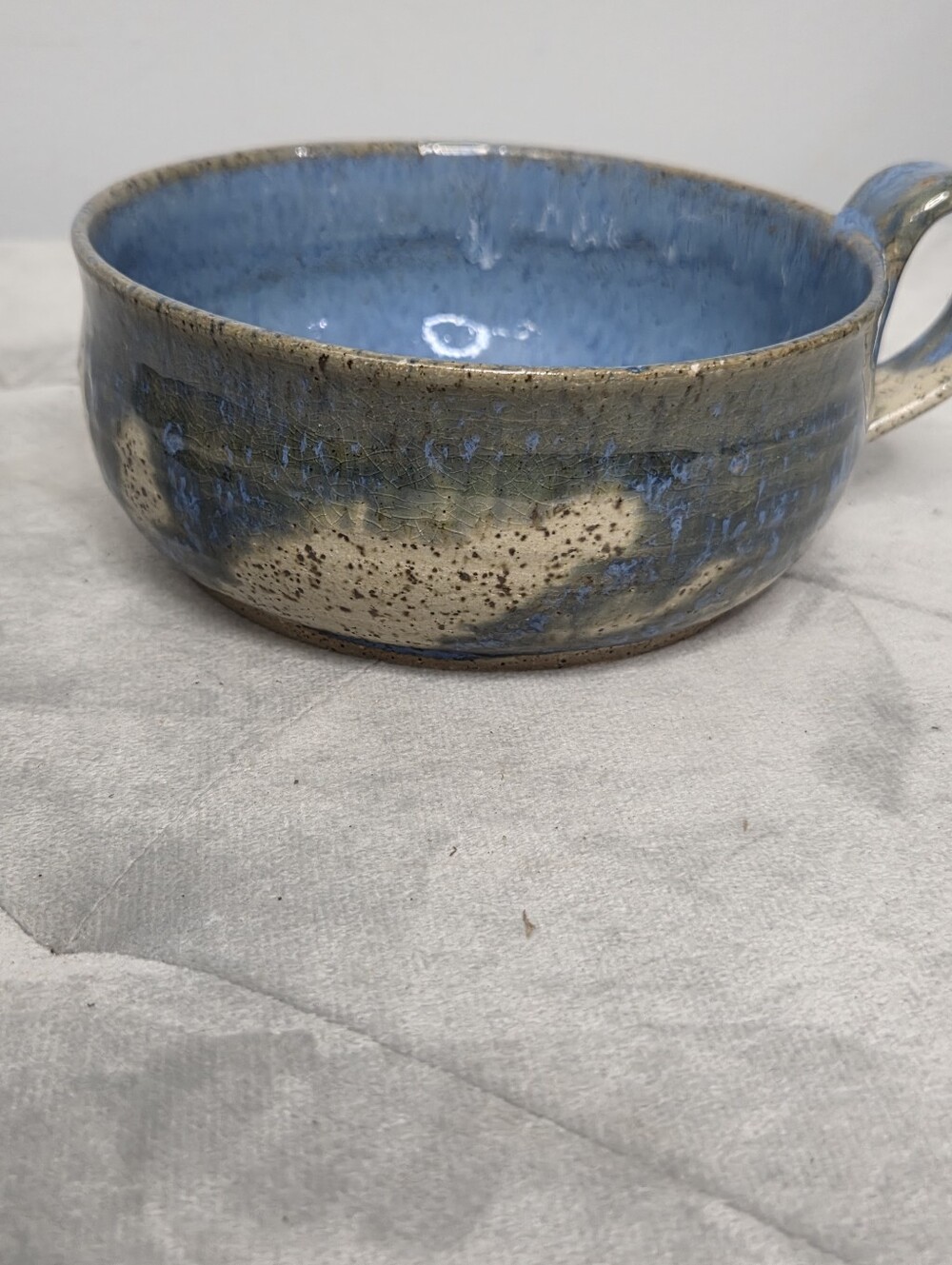 Handcrafted Blue Glazed Ceramic Bowl with Handle, 5" x 5"